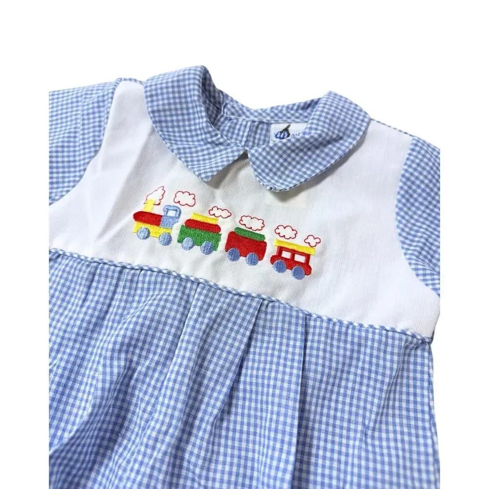 Vintage Alexis Baby Boy Smocked Train Bubble Romper Blue Gingham 6M Jon Jon - Picture 2 of 6